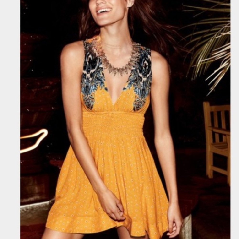 Free People Yellow Mini Dress with Blue Embroidered V-Neck